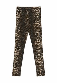 Legging s uzorom leoparda izrađeni od mekog, rastezljivog materijala. Crno-smeđi uzorak prekriva cijeli odjevni predmet, s prilagođenim, uskim krojem.
