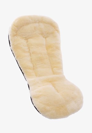 Crème schapenvacht zitkussen met een pluche textuur, gevormd ontwerp en een donkerbruine achterkant. Zacht en gevoerd voor comfort.