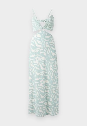 Robe maxi vert menthe avec un haut bustier noué, ornée d'un motif abstrait blanc sur l'ensemble et de fines bretelles réglables.