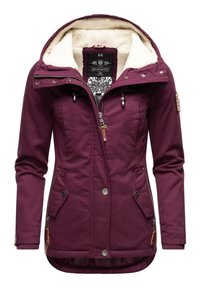 Burgundy winter jacket with a faux fur-lined hood, zip and snap closures, two front pockets, and a textured fabric.
