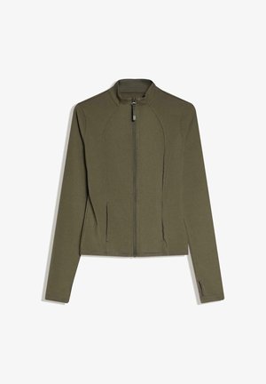 Veste zippée à manches longues vert olive avec col montant et trous pour les pouces aux poignets, présentée à plat sur fond blanc.