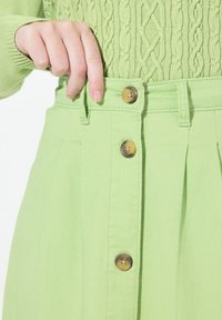 Grüne Rock mit hoher Taille, mit Falten, Knopfverschluss mit braunen Akzenten und aus einem glatten, leichten Stoff gefertigt.