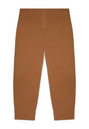 Brązowe zwężane spodnie z rozpinaniem na guziki z przodu, zamkiem błyskawicznym, skośnymi kieszeniami bocznymi i szlufkami na pasek, prezentowane na białym tle.