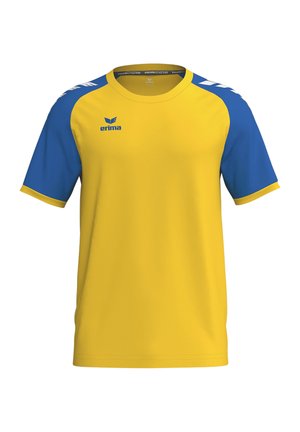 Camiseta deportiva amarilla con mangas cortas azules, bordes amarillos en las mangas y un logo azul "erima" en el pecho.