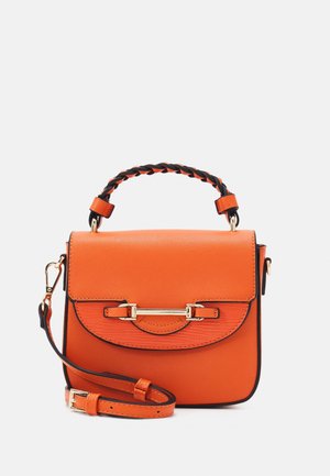 Orange leather handbag with a structured design, braided black and orange handle, and gold hardware accents. Adjustable strap included.