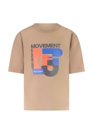 Beige t-shirt met korte mouwen, geribbelde ronde hals, en grafische print met "MOVEMENT" in zwart, rood en blauw. Zijsnapdetails.