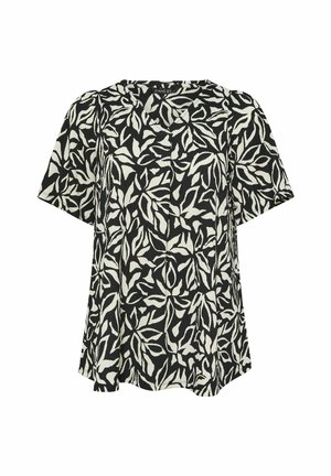 Blouse noire à manches courtes avec motif abstrait de feuilles crème, encolure ronde, coupe ample et détail subtil de pli au centre devant.