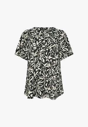 Schwarze Bluse mit kurzen Ärmeln, cremefarbenem abstraktem Blattmuster und rundem Ausschnitt, locker sitzend mit dezentem Falten-Detail in der vorderen Mitte.