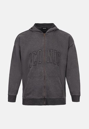 Donkergrijze zip-up hoodie met capuchon, voorzakken en het woord "ICONIC" in grote letters geborduurd op de borst.