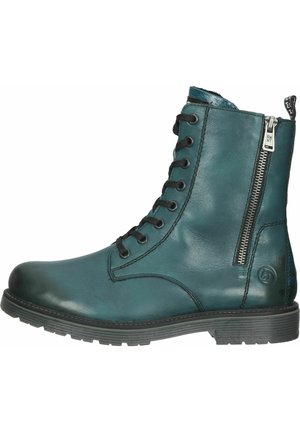 Bota de tobillo de cuero azul verdoso con cordones en la parte frontal, cremallera lateral, punta redondeada y suela de goma texturizada. Presenta detalles de costura y logotipo.