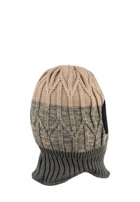 Strickmütze in Beige und Grau mit strukturiertem Muster, schwarzen Akzenten und geripptem Saum. Geeignet für kaltes Wetter.