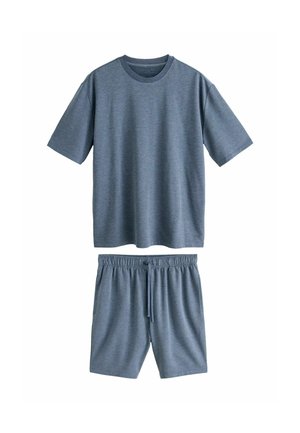 Blue short-sleeve crew neck T-shirt and elastic waist shorts with drawstring, displayed flat on white background.