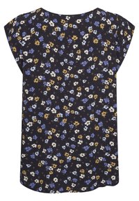 Černá květinová blůza s modrými, bílými a žlutými květinami, krátkými rukávy a volnějším střihem. Měkká, lehká tkanina s jemnou strukturou.