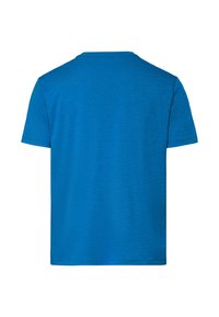T-shirt bleu à manches courtes avec col rond, vu de dos sur un fond blanc.
