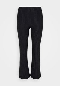 Pantalons évasés noirs avec de fines rayures verticales blanches et une taille élastique, présentés sur un fond blanc.