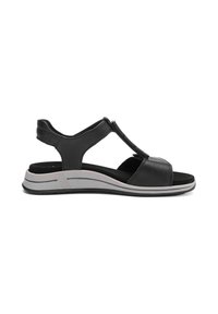 Black leather sandal with T-strap design, padded insole, and gray rubber sole. Features adjustable buckle and textured accents.