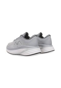 Light gray running shoes with a breathable mesh upper, rounded toe, cushioned sole, and contrasting white midsole. Features subtle accents.