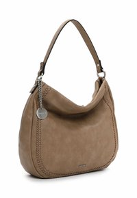 Tan leather shoulder bag with braided detailing, a single shoulder strap, silver hardware, and a round tag. Soft texture and rounded shape.