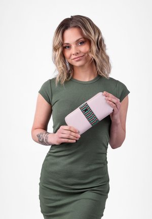 Light pink wallet with a zigzag patterned band in teal and black. It features a slim design and a smooth texture.