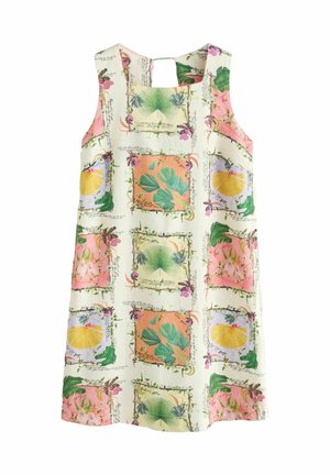 Sukienka bez rękawów z kwadratowym dekoltem, biała baza, kolorowy tropikalny botaniczny nadruk w prostokątnych blokach oraz odręczny tekst.