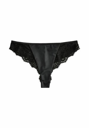 Schwarze Tanga-Unterwäsche mit satiniertem Vorderteil und Spitzenbesatz an den Seiten, mit glatter Textur und zartem Blumenmuster auf der Spitze.