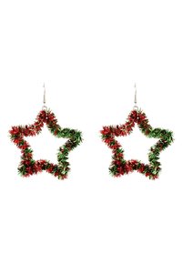 Red and green tinsel star-shaped earrings with a silver hook, featuring a textured, festive design. Each star has sharp points.