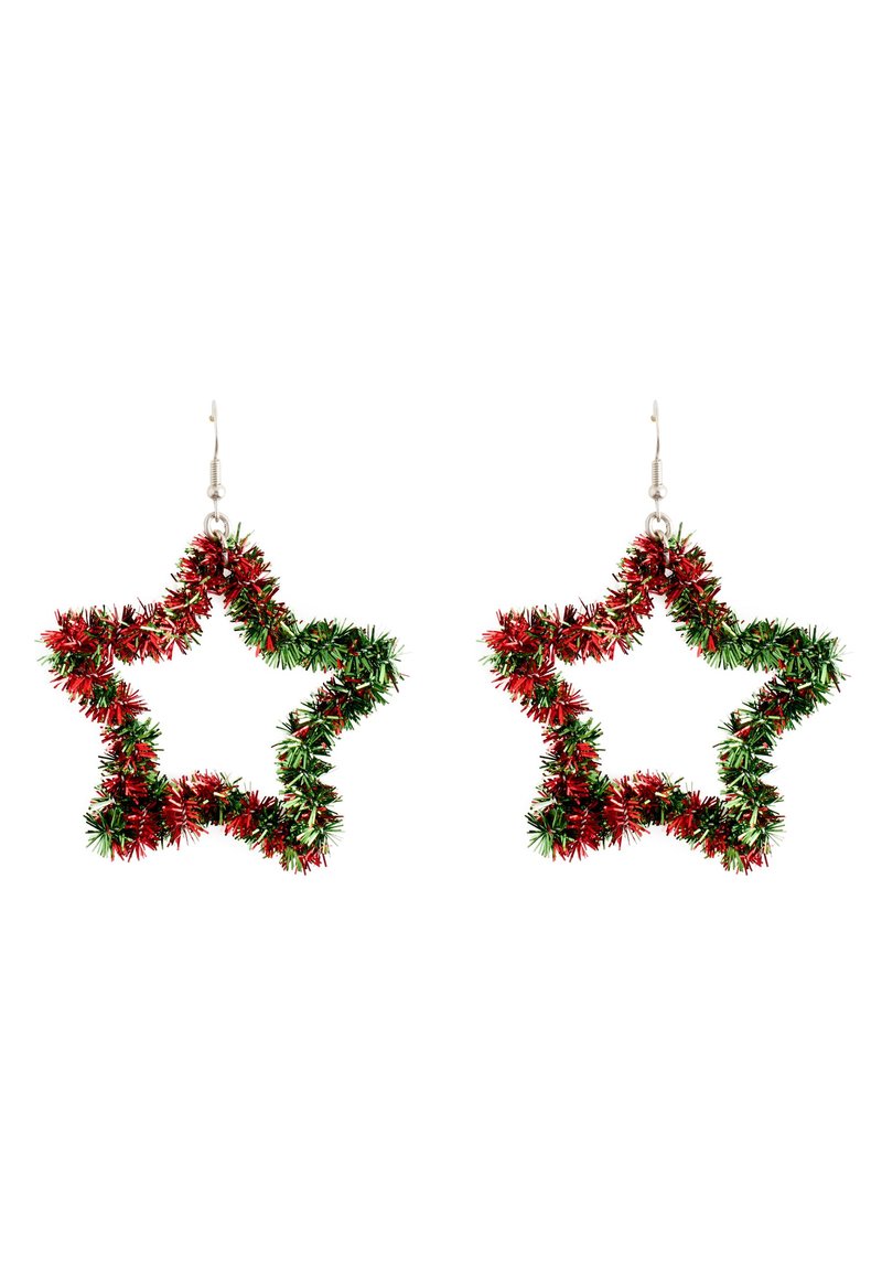 Red and green tinsel star-shaped earrings with a silver hook, featuring a textured, festive design. Each star has sharp points.