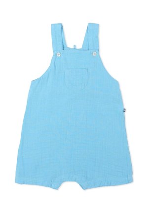 Jasnoniebieski bezrękawnik niemowlęcy z ramiennymi paskami, przednią kieszenią, guzikami na paskach i krótkimi nogawkami z elastycznymi ściągaczami.