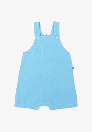 Barboteuse bébé sans manches bleu clair avec bretelles, poche avant, boutons sur les bretelles et jambes courtes avec ourlets élastiques.