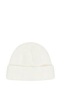 Biała, dziana czapka typu beanie z teksturowanym wzorem, z zawiniętym mankietem na dole. Wykonana z miękkiego, elastycznego materiału.