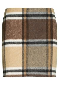 Vilnas audums brūnas un bežīgas plātnes rakstā. Iekļauj baltas un melnas līnijas. Mīksta tekstūra ar nedaudz strukturētu formu.