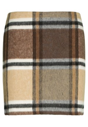 Vilnonis audinys rudos ir smėlinės spalvos langeliuota rašto. Yra baltos ir juodos linijos. Minkšta tekstūra su šiek tiek struktūruota forma.