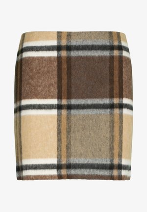 Tkanina wełniana w brązowo-beżowy wzór w kratę. Zawiera białe i czarne linie. Miękka tekstura z delikatnie ustrukturalizowanym kształtem.