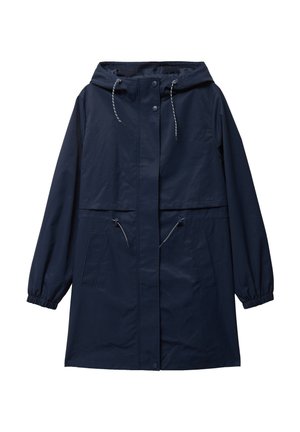 Imperméable à capuche bleu marine avec boutons-pression à l'avant, cordons ajustables à la capuche et à la taille, poignets élastiques et deux poches avant.