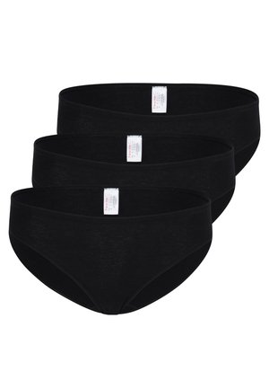 Three pairs of black cotton bikini briefs with a smooth texture. Each features a reinforced waistband and a label on the inside.