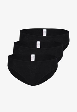 Three pairs of black cotton bikini briefs with a smooth texture. Each features a reinforced waistband and a label on the inside.