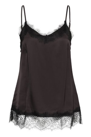 Czarna satynowa koszulka na ramiączkach z kwiatową koronką przy dekolcie i u dołu, z cienkimi regulowanymi ramiączkami.