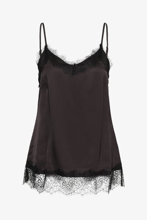 Czarna satynowa koszulka na ramiączkach z kwiatową koronką przy dekolcie i u dołu, z cienkimi regulowanymi ramiączkami.
