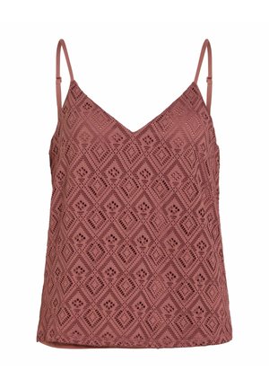 Camisole in pizzo malva con motivi traforati a diamante e floreali, spalline sottili regolabili e scollo a V.