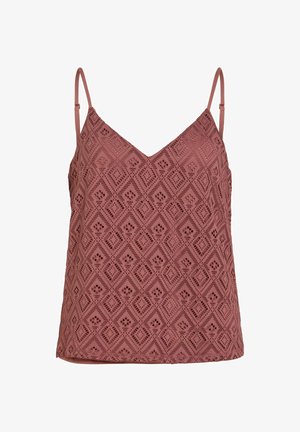 Camisole in pizzo malva con motivi traforati a diamante e floreali, spalline sottili regolabili e scollo a V.