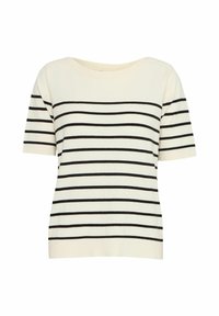 Top de punto de rayas de manga corta en color crema con rayas horizontales negras, que presenta un amplio escote barco y una tela suave y texturizada.