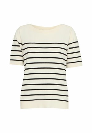 Strikket kortærmet top i creme med sorte vandrette striber, med en bred bådhalsudskæring og et blødt, tekstureret stof.