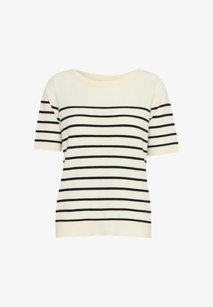Strikket kortærmet top i creme med sorte vandrette striber, med en bred bådhalsudskæring og et blødt, tekstureret stof.