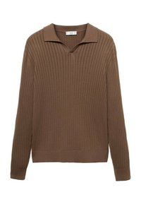 Brązowy sweter z prążkowanej dzianiny z dekoltem w serek i kołnierzykiem. Długie rękawy i luźny krój nadają mu teksturowany wygląd.