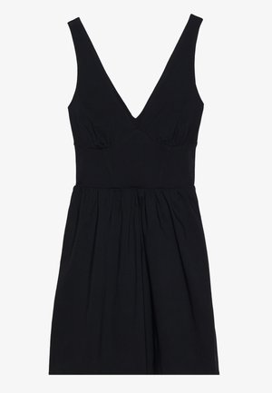 Black sleeveless dress with a deep V-neck, gathered waist, and flowing skirt. Made from soft fabric, offering a smooth texture.