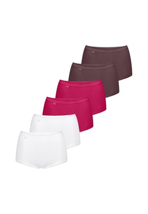 Seks dame hipster undertøj i hvide, pink og brune farver arrangeret i rækker på en hvid baggrund.