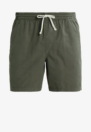 Olive green swim shorts with an elastic waistband and white drawstring. Made of lightweight fabric, featuring a relaxed fit and no pockets.