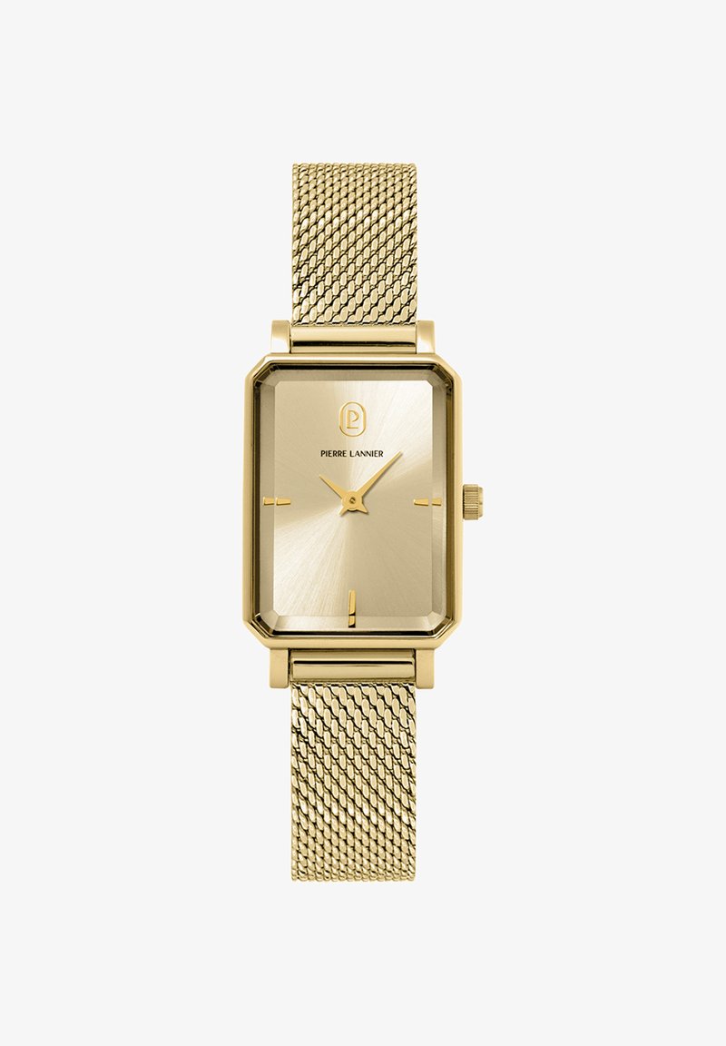 Zelta taisnstūra pulkstenis ar matētu metāla seju, divām rokrakstiem un sietveida siksnu. Tam ir logo pulksteņa 12 pozīcijā un minimāli stundu rādītāji.