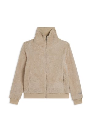 Veste zippée beige en matériau texturé ressemblant à de la fourrure douce. Elle possède un col montant, des poches latérales et des poignets côtelés. Design simple sans motifs.