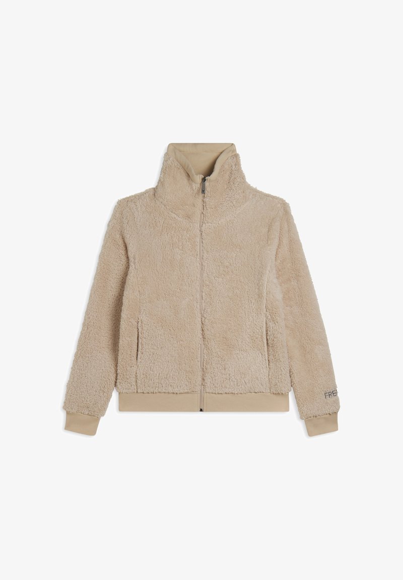 Giacca beige con zip in un materiale morbido e testurizzato simile alla pelliccia. Presenta un colletto alto, tasche laterali e polsini a costine. Design semplice senza motivi.